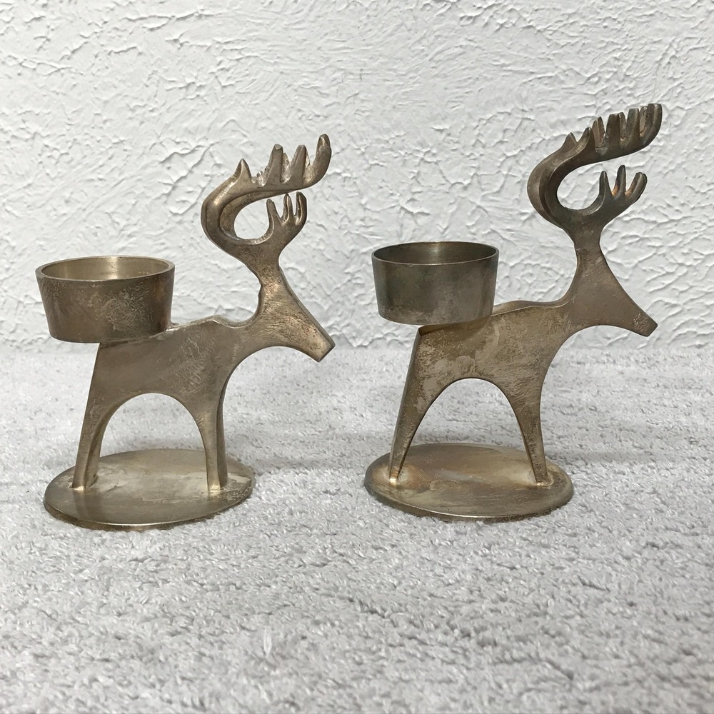 Pair of Silver Plated Brass Deer Reindeer Tealight Votive Candle Holders
